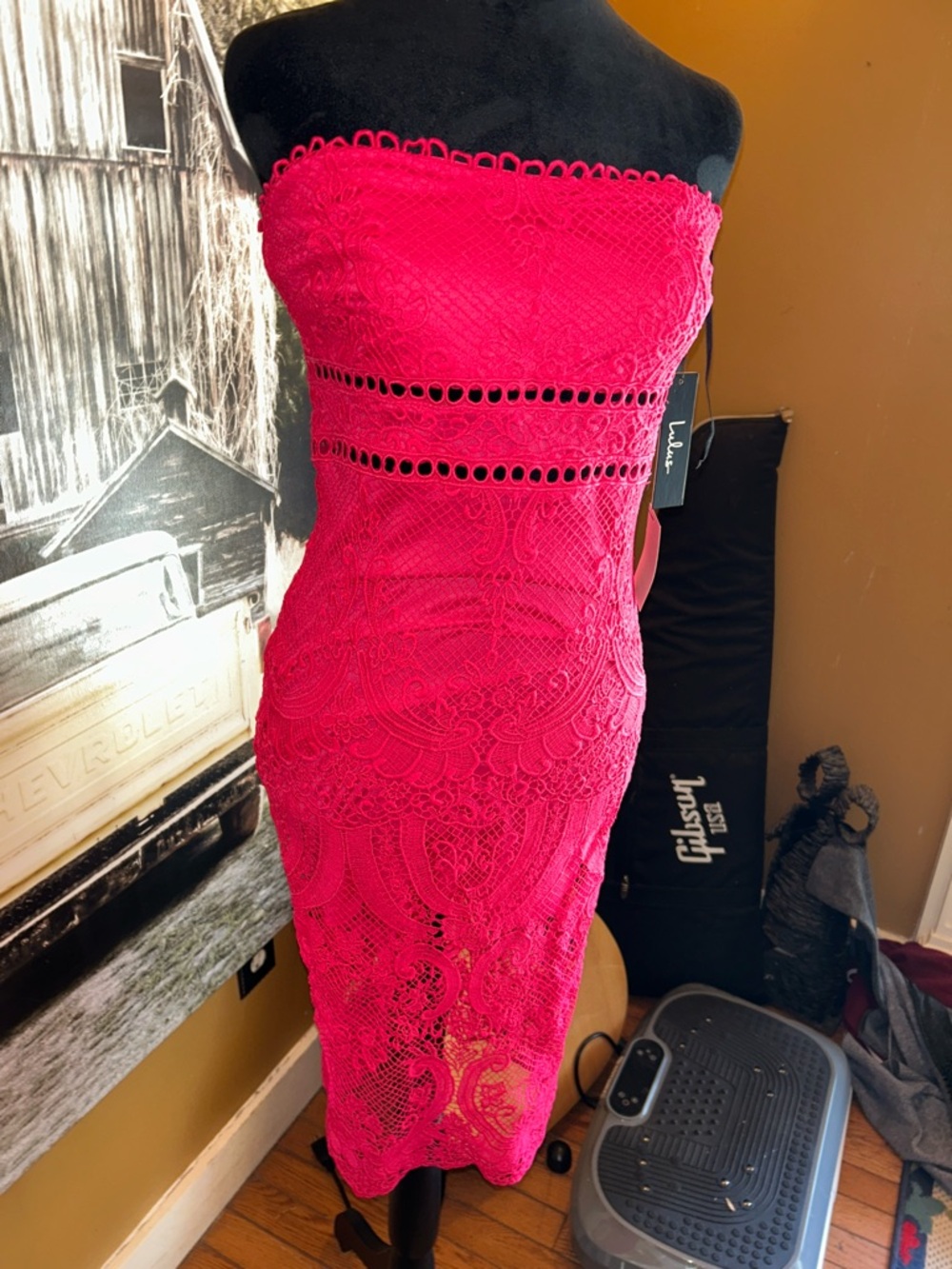 Lulu's Strapless Bright Pink Lace Midi Dress